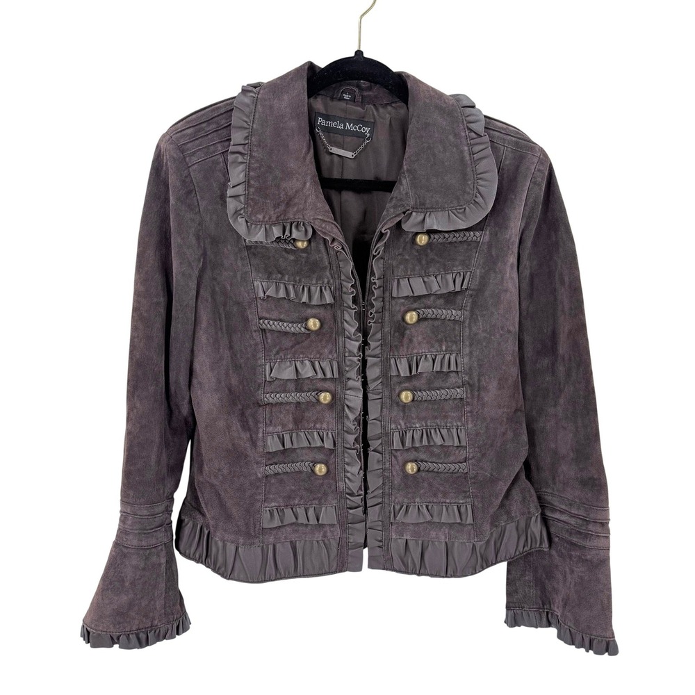 Vintage Pamela McCoy Brown Genuine Suede Leather Ruffle Military Jacket Large - Picture 1 of 7